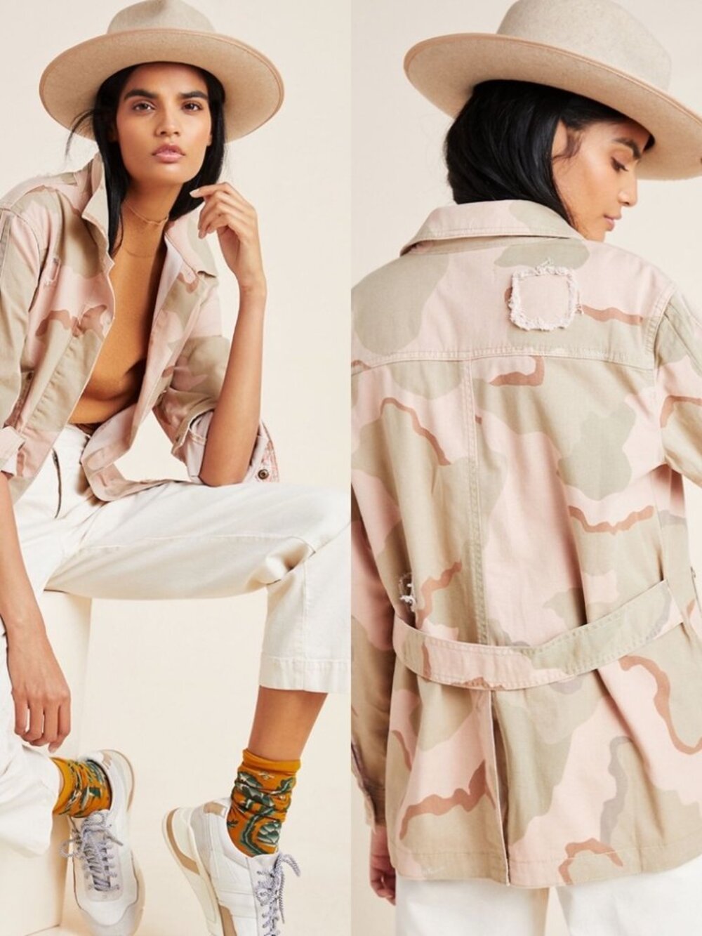 Anthropologie Lida Military Inspired Pink Camo Frayed Patch Utility Jacket S NWT